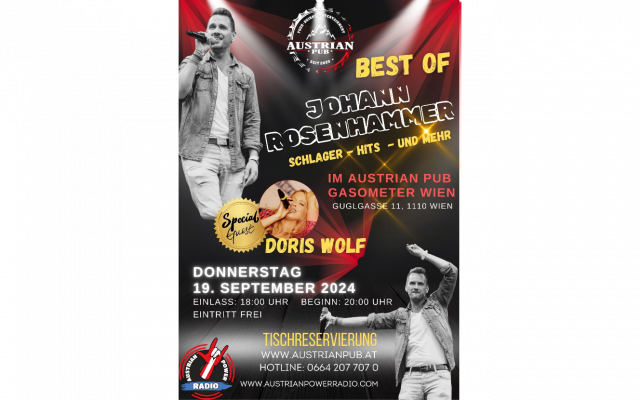 Johann Rosenhammer mit Doris Wolf als Special Guest am Donnerstags, 19. September 2024 live im Austrian Pub - Gasometer Wien. Beginn 20 Uhr, Eintritt frei